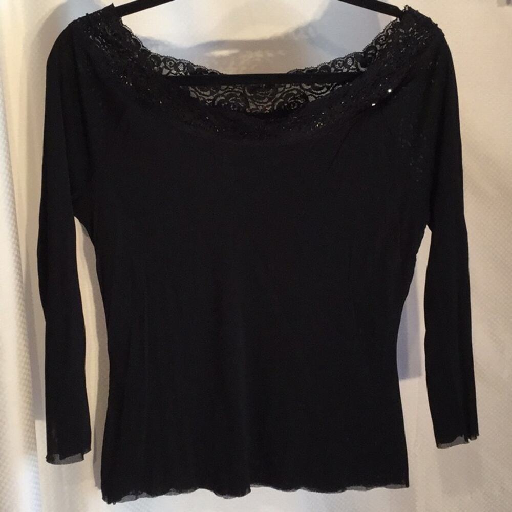Stretch nylon wide boat neck blk bejeweled top